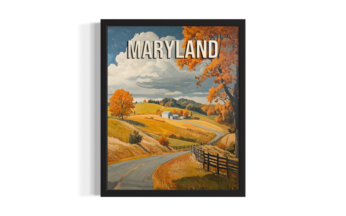Maryland Autumn Country Road Farm Golden Trees Vintage Travel Style Poster