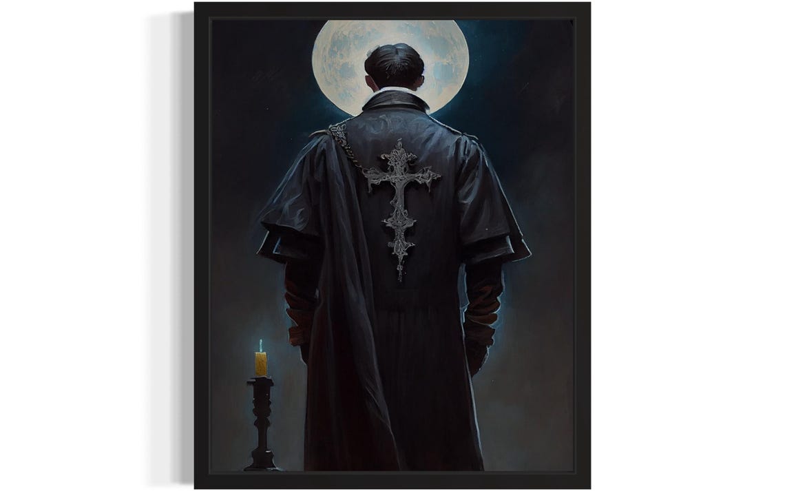 Gothic Priest In Black Cassock Beneath The Full Moon Night Poster
