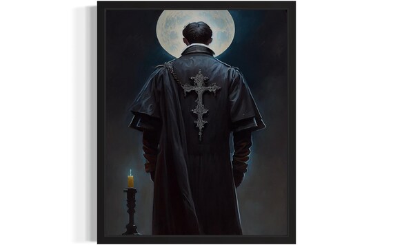 Gothic Priest In Black Cassock Beneath The Full Moon Night Poster