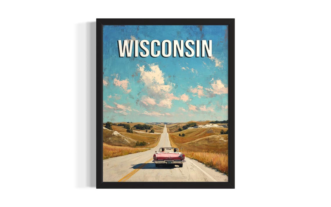 Wisconsin Country Road Classic Convertible Retro Road Trip Poster