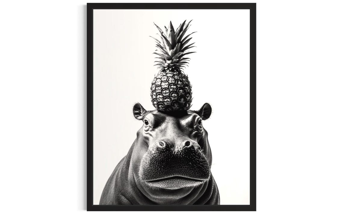 Hippo Kitchen Animals Poster Art Print Wall Original Painting Artwork Decor