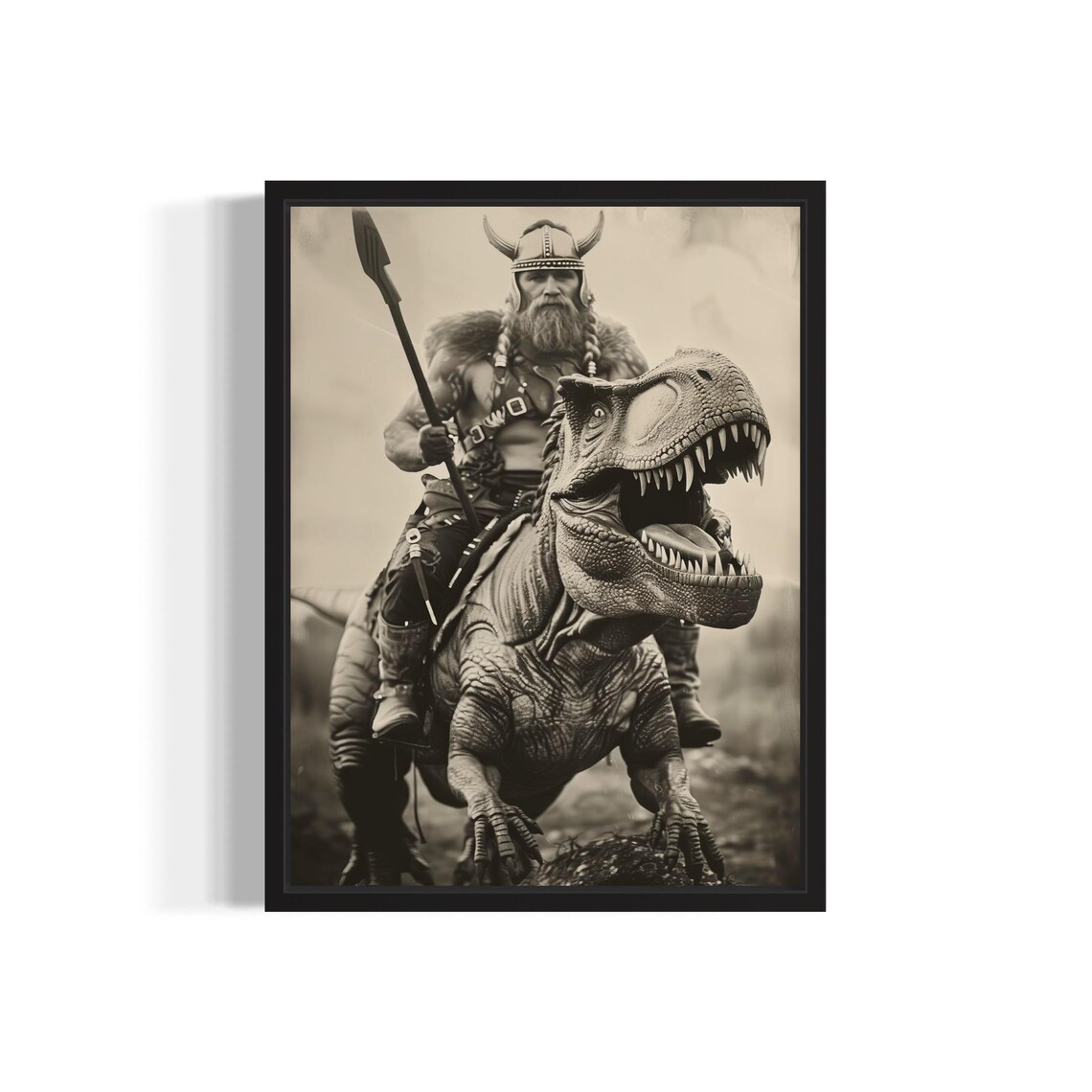 Viking Warrior Riding a T Rex Dinosaur Into Battle Sepia Fantasy Poster