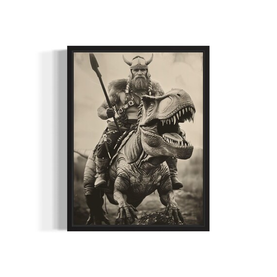 Viking Warrior Riding a T Rex Dinosaur Into Battle Sepia Fantasy Poster