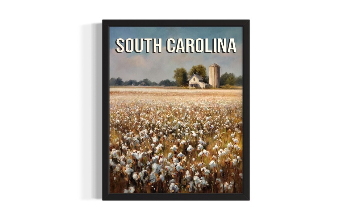 South Carolina Cotton Field Harvest Farmhouse Silo Rural Art Poster