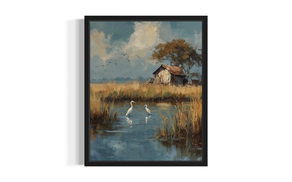Louisiana Wild Marshlands Herons Cabin Wildlife Painting Poster