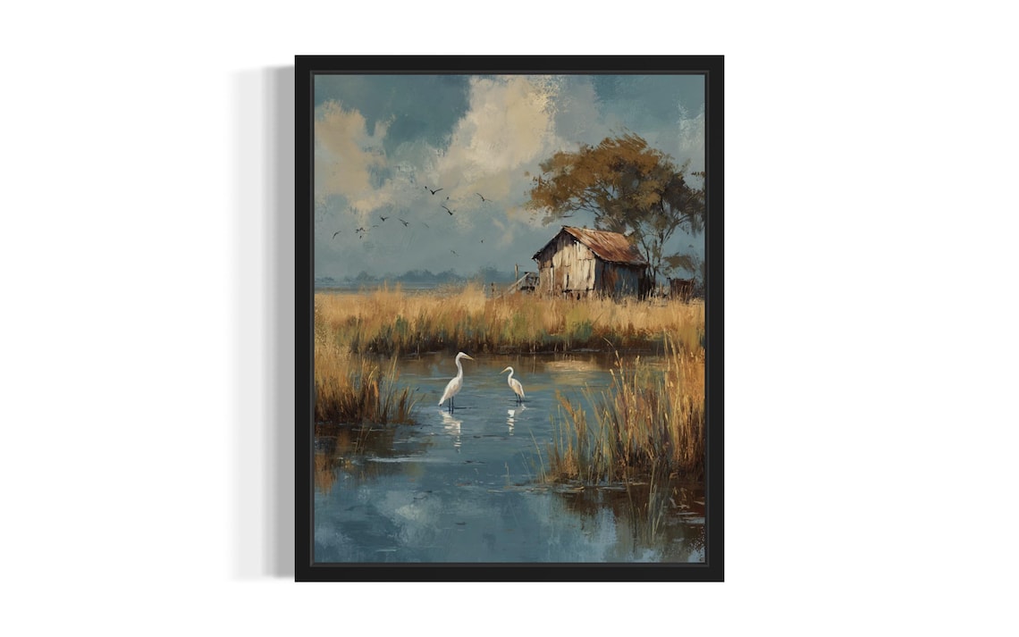 Louisiana Wild Marshlands Herons Cabin Wildlife Painting Poster