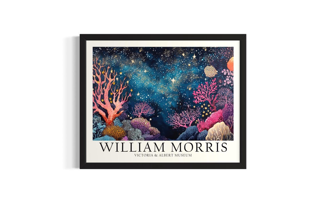 Coral Reef Under a Starry Night Sky William Morris Inspired Art Poster