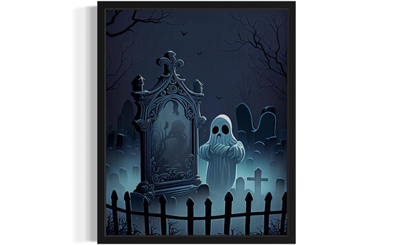 Cute Ghost Beside An Ornate Tombstone In A Night Graveyard Poster