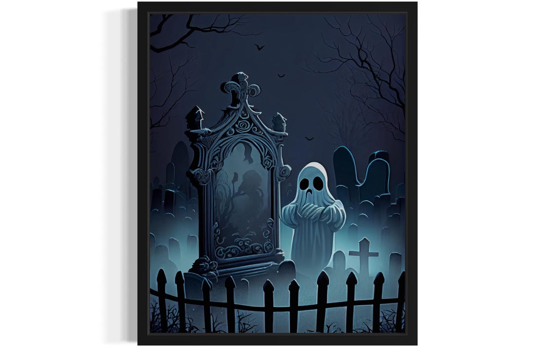 Cute Ghost Beside An Ornate Tombstone In A Night Graveyard Poster