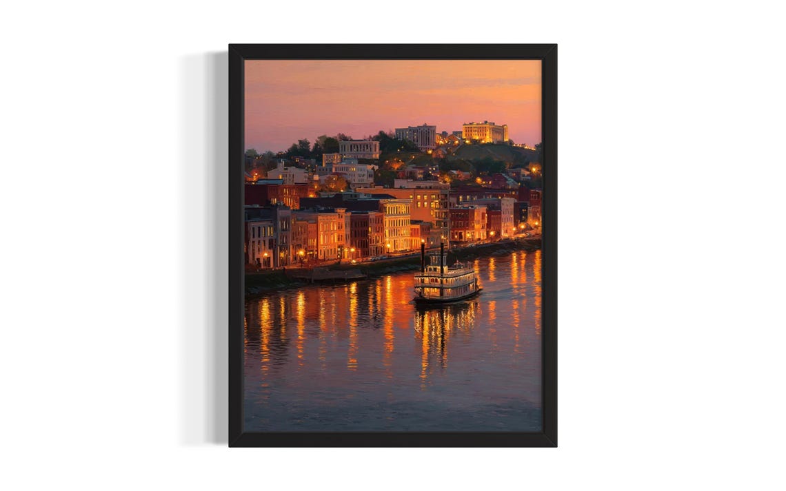Riverfront City Dusk Steamboat Glowing Lights Reflection Scene Poster
