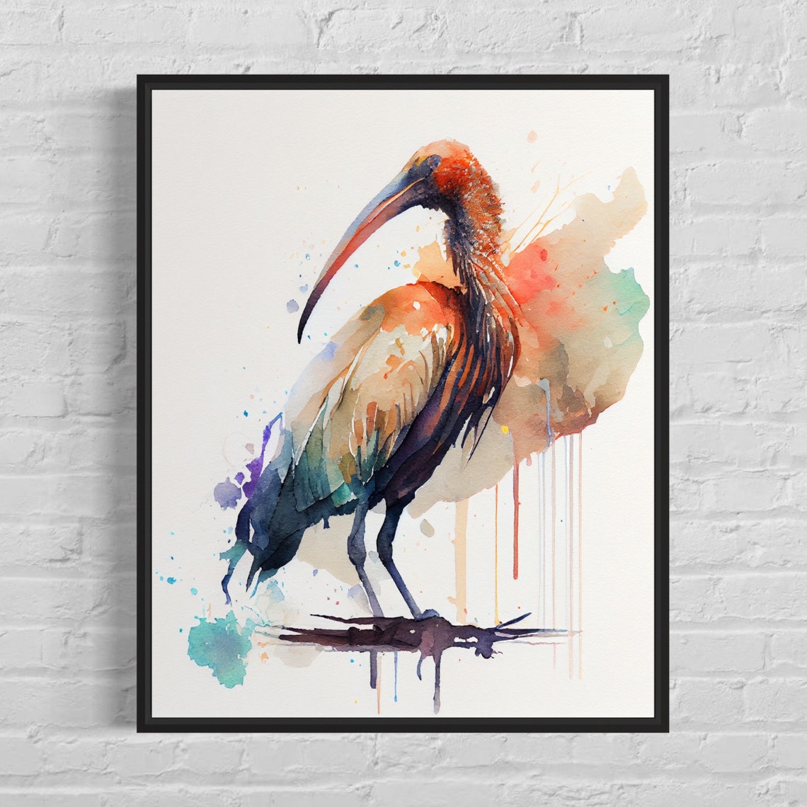 Scarlet Ibis with Long Curved Beak Watercolor Bird Art Poster
