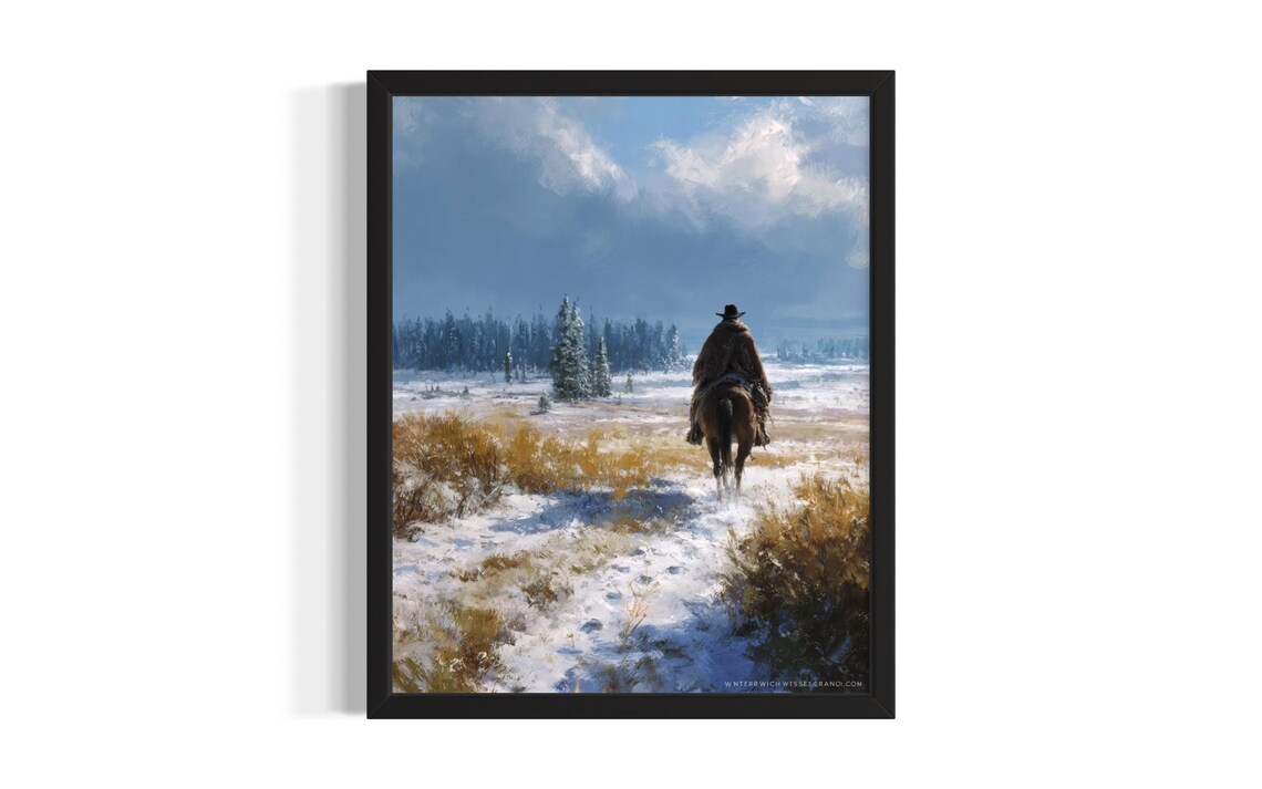Lone Cowboy Horseback Crossing Snowy Winter Plain Oil Painting Poster