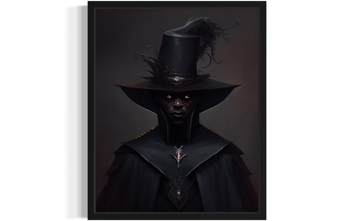 Sinister Dark Wizard In A Tall Feathered Hat Shadow Portrait Poster