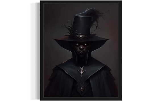 Sinister Dark Wizard In A Tall Feathered Hat Shadow Portrait Poster