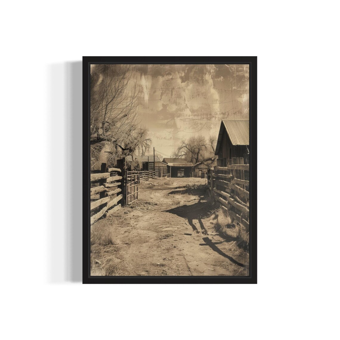 Horse Corral Fences Leading to Old Red Barn Sepia Ranch Poster