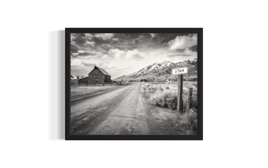 Utah Country Road Barn Snowy Peaks Black And White Photo Poster