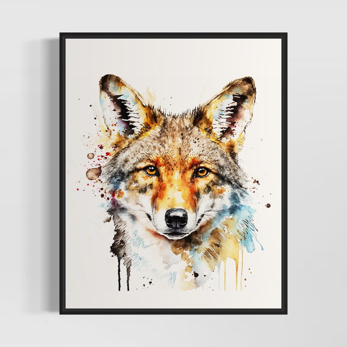 Majestic Coyote Golden Eyed Watercolor Splash Portrait Art Poster