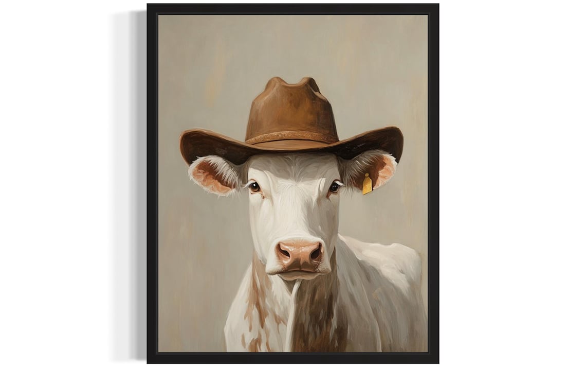 White Cow in Brown Cowboy Hat Funny Western Farm Portrait Poster