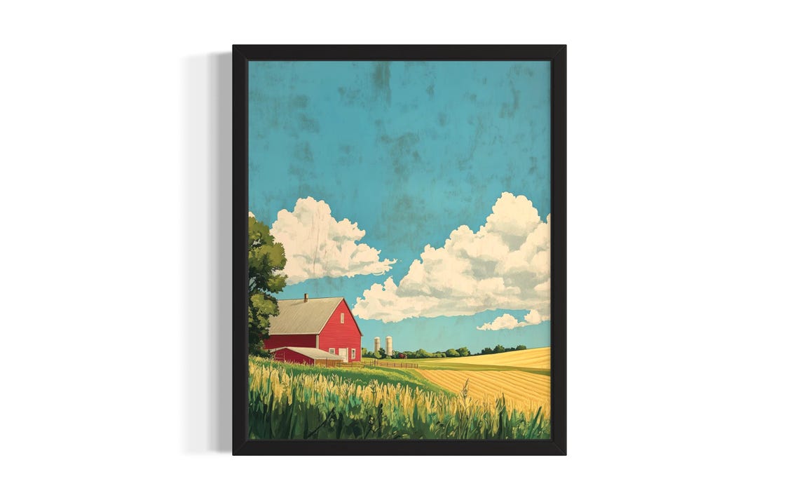Red Barn Summer Wheat Fields Big Cumulus Clouds Landscape Poster