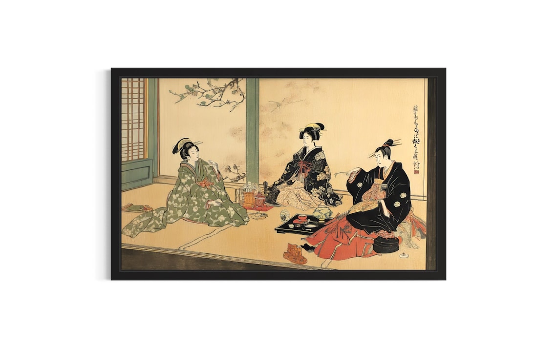 Three Women in Kimono Tea Ceremony Japanese Woodblock Art Poster