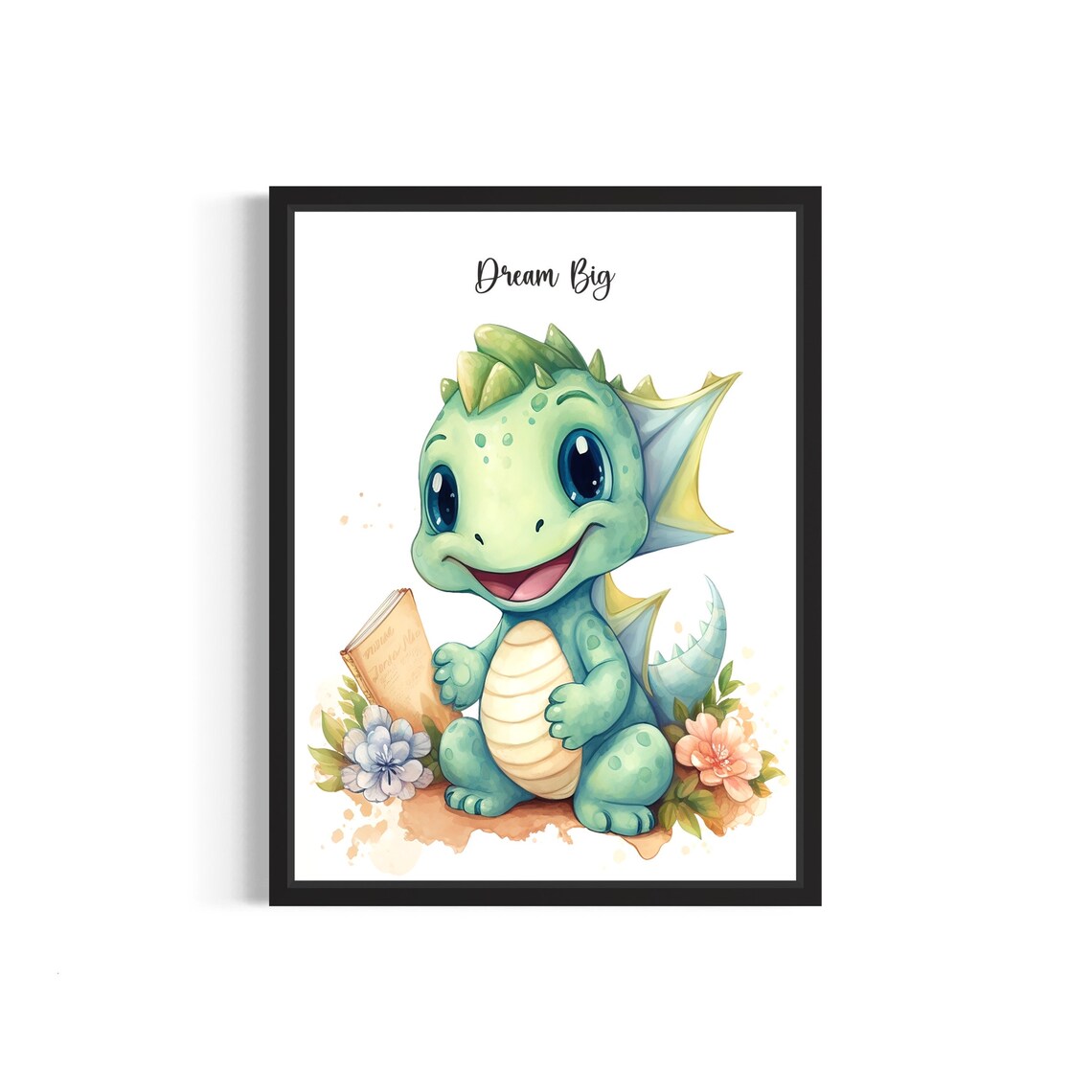 Friendly Baby Dinosaur Dream Big Open Book Watercolor Poster