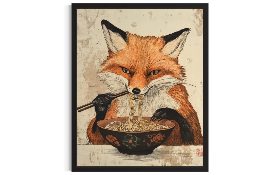 Fox Animal Kitchen Ramen Poster Art Print Wall Original Painting Artwork Decor