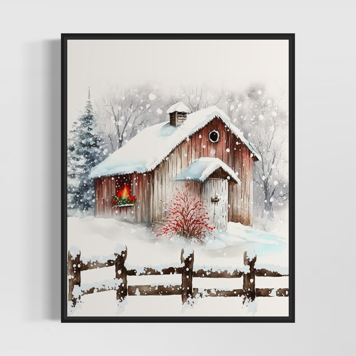 Snow Covered Red Wooden Cabin Winter Christmas Scene Watercolor Poster