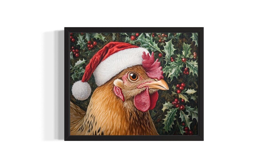 Golden Chicken in Santa Hat with Christmas Holly Berries Art Poster