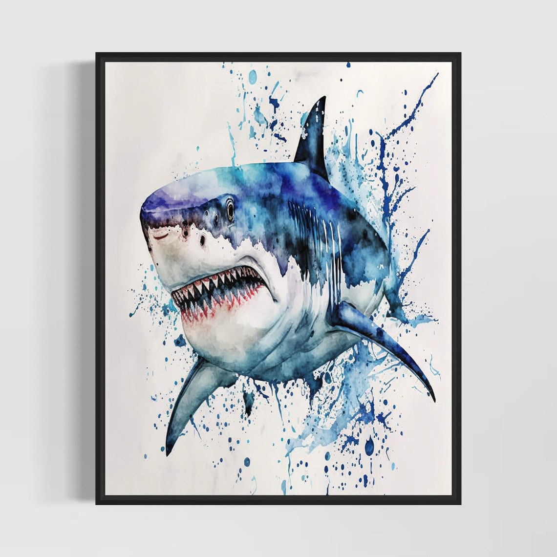Great White Shark Deep Blue Splash Watercolor Ocean Predator Poster