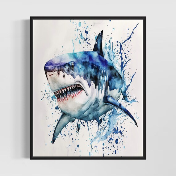 Great White Shark Deep Blue Splash Watercolor Ocean Predator Poster