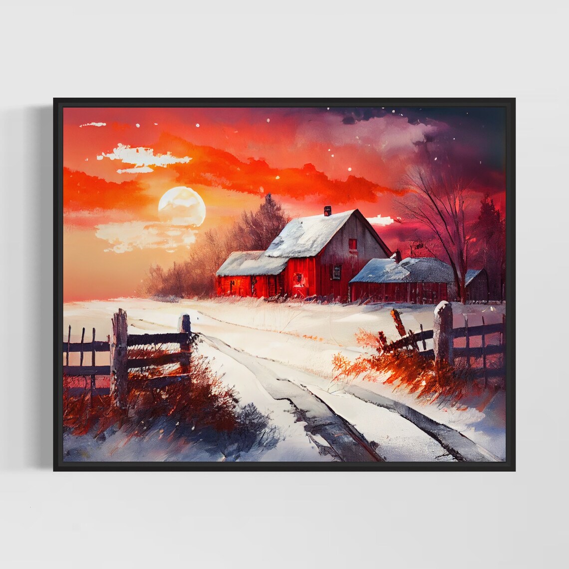 Red Barn Under Blazing Winter Sunset Snowy Farm Watercolor Poster