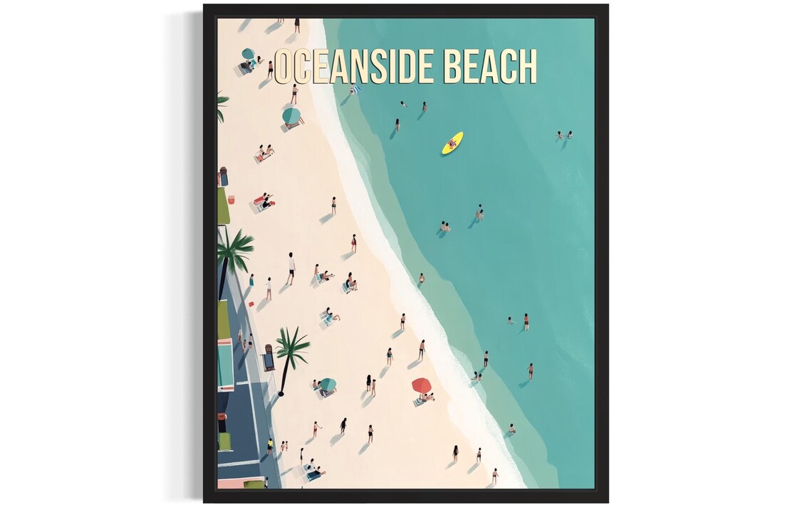 Oceanside Beach Aerial Surf And Sand Retro California Travel Poster