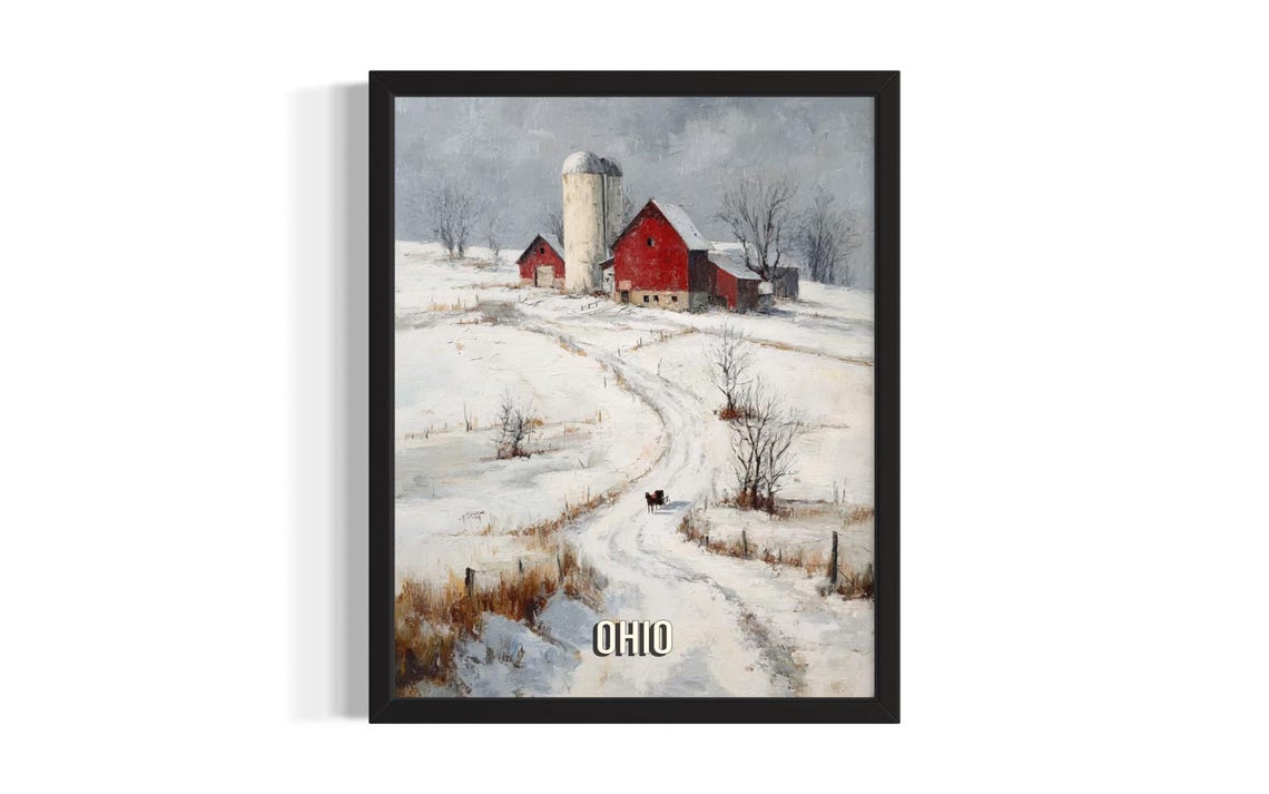 Ohio Winter Farmhouse Red Barns Snowy Country Painting Poster