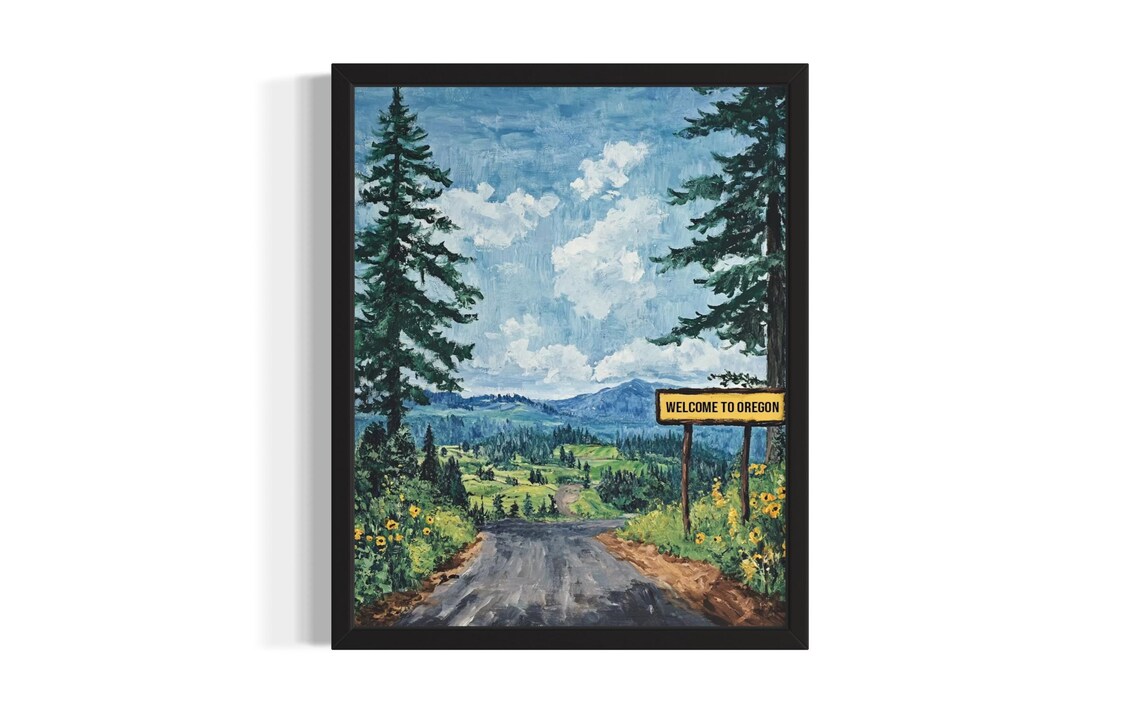 Welcome To Oregon Sign Green Valley Road Pines Travel Poster