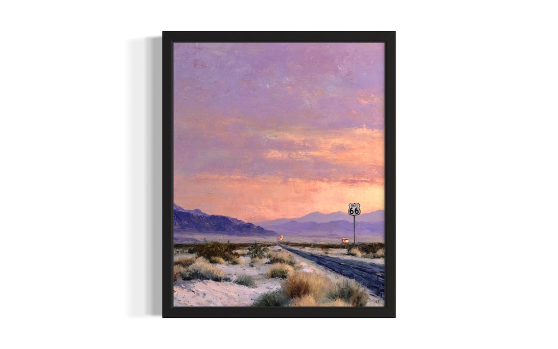 Route 66 Desert Highway Purple Sunset Classic Americana Road Poster