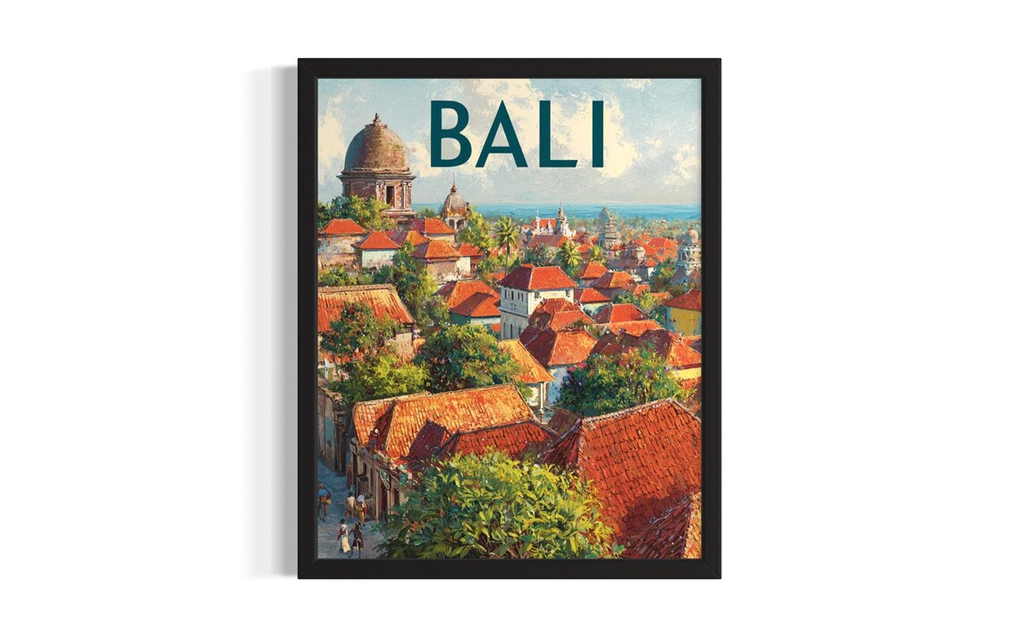 Bali Old Town Red Roofs Indonesia Island Travel Vintage Poster