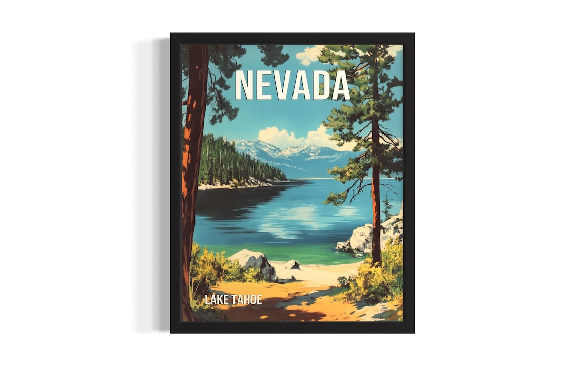 Nevada Lake Tahoe Vintage Travel Poster Pine Trees Blue Lake View