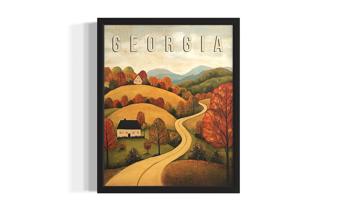 Georgia Autumn Rolling Hills Farmhouse Folk Art Travel Poster