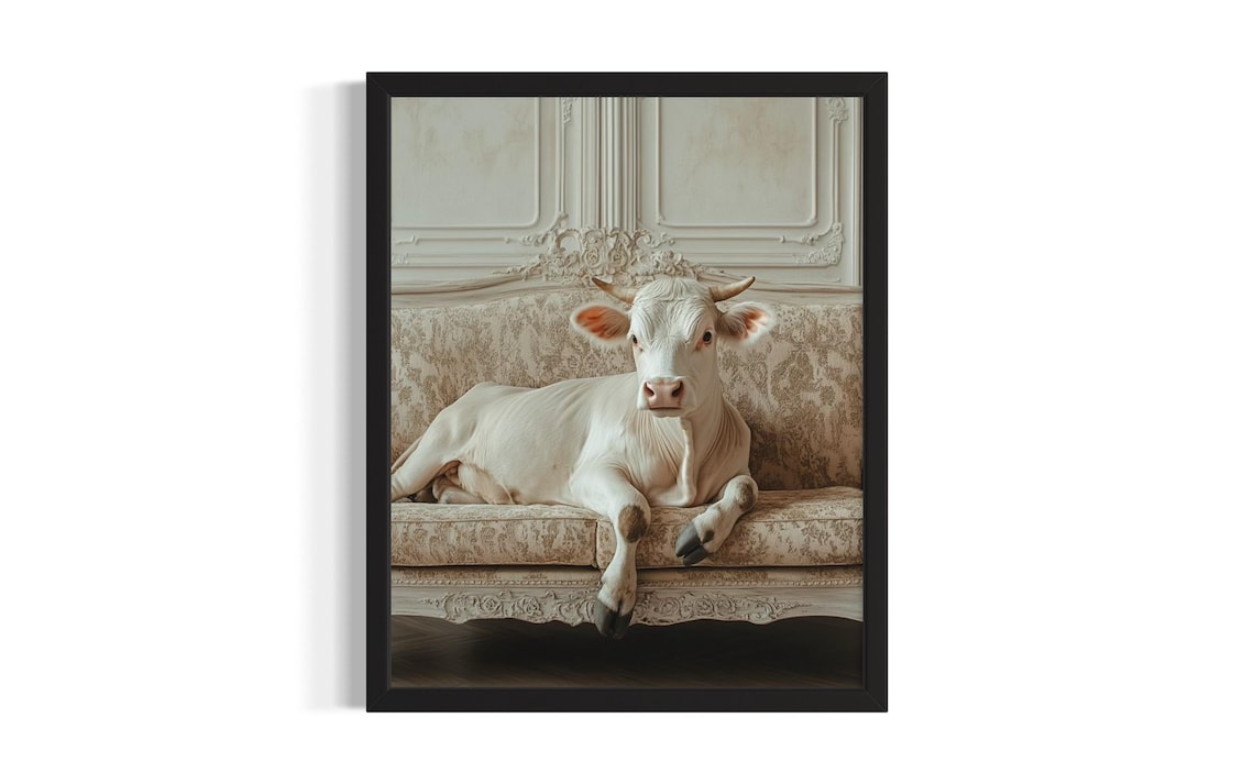 White Cow Reclining on an Ornate French Style Sofa in Cream Poster