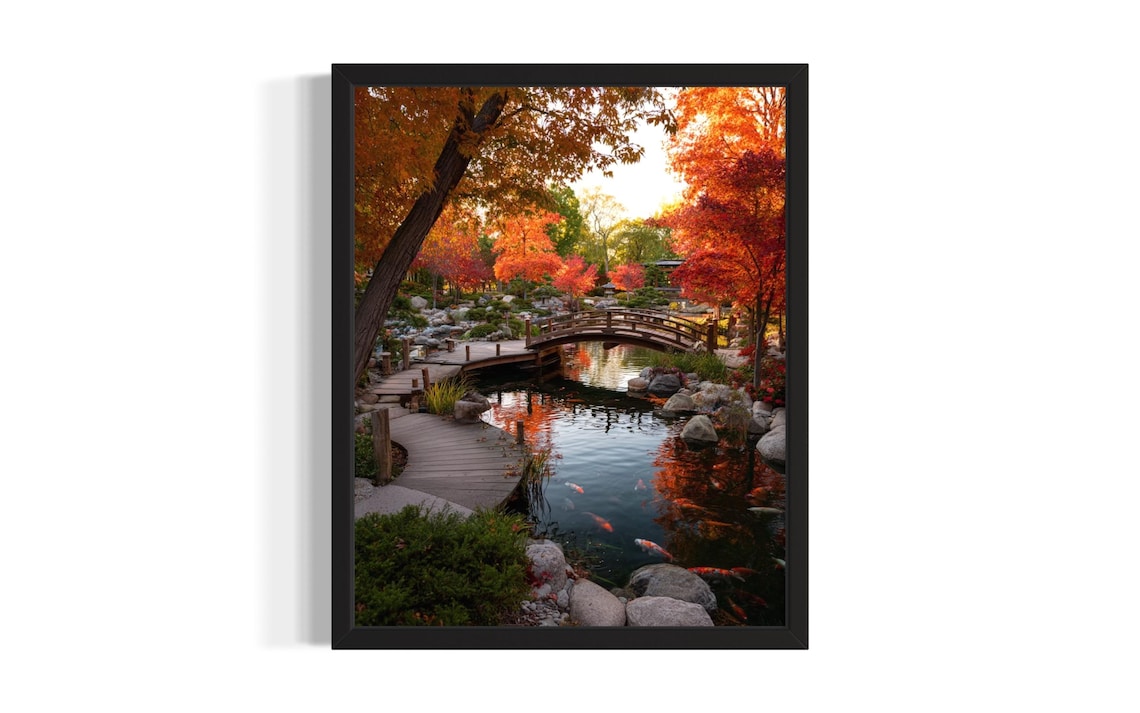 Japanese Garden Koi Pond Arched Bridge Autumn Maples Photo Poster