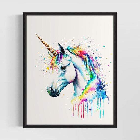 White Unicorn With Rainbow Mane Dreamy Watercolor Fantasy Poster