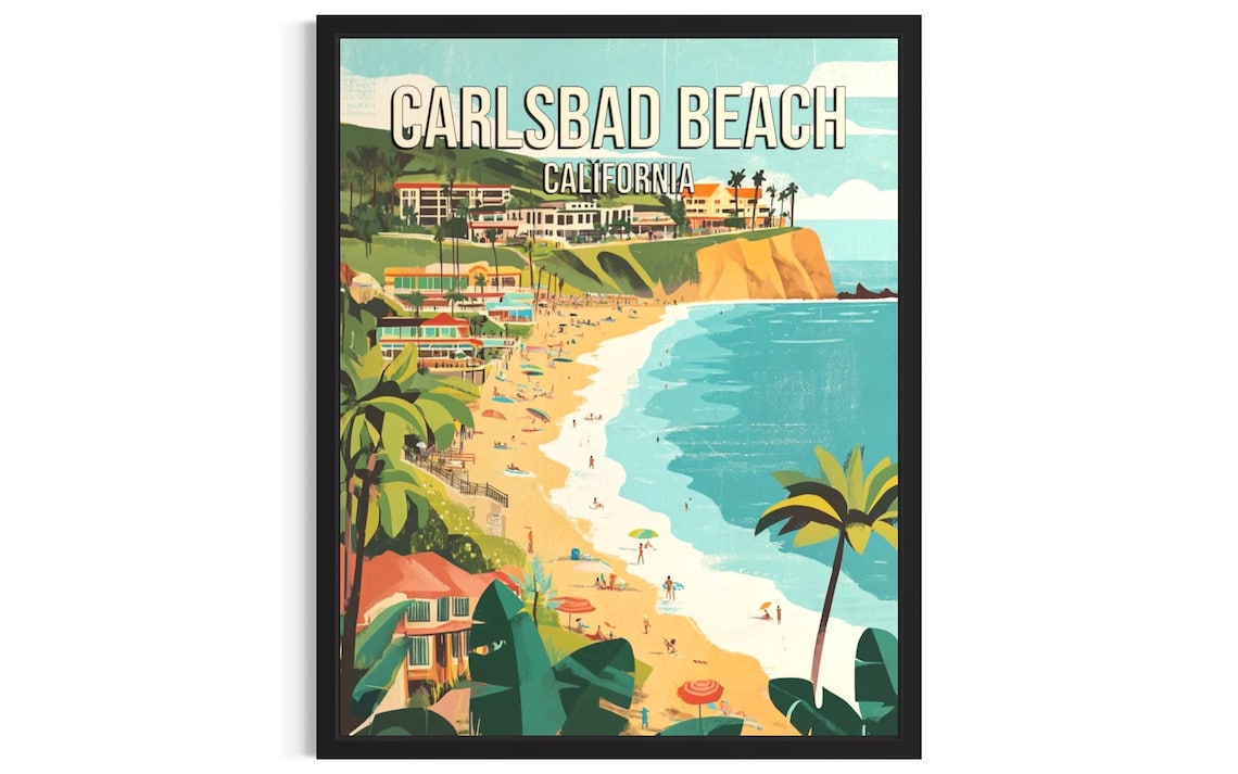 Carlsbad Beach California Vintage Travel Poster Cliff Town Surf