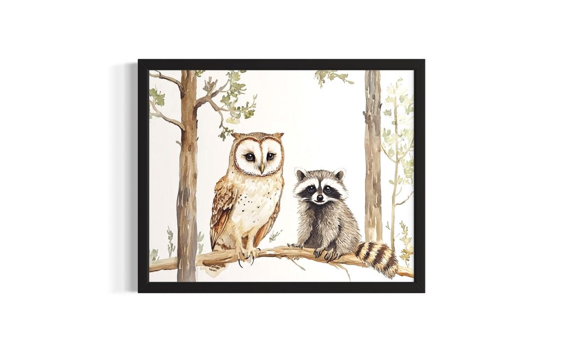 Barn Owl and Raccoon Perched on a Tree Branch Watercolor Poster