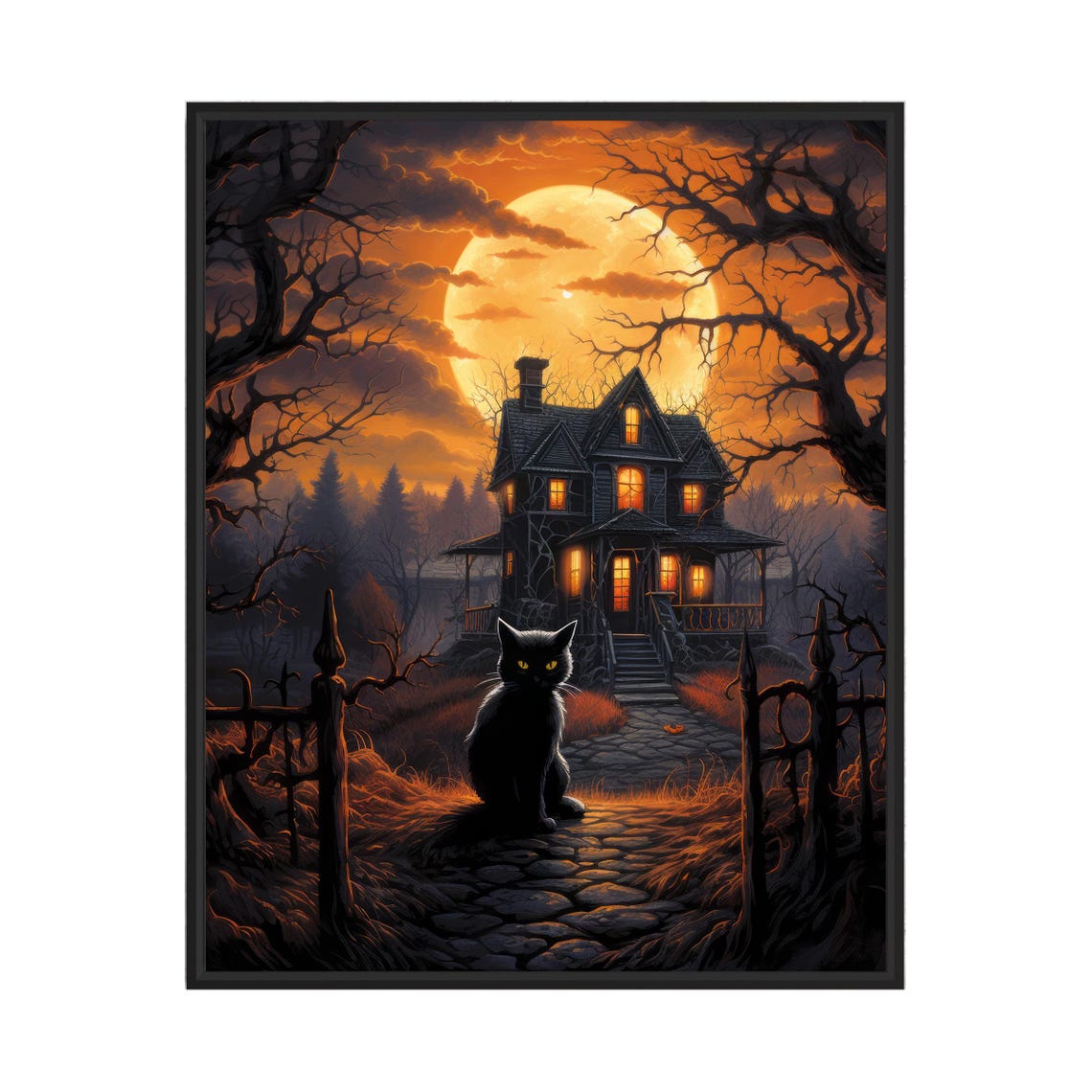 Black Cat Before Haunted House Orange Harvest Moon Night Poster