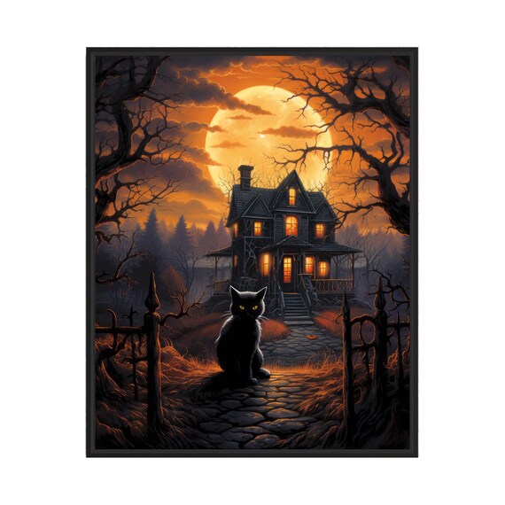 Black Cat Before Haunted House Orange Harvest Moon Night Poster