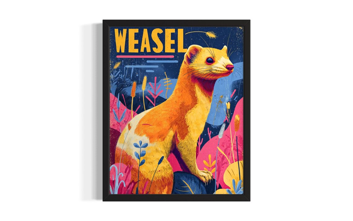 Weasel Orange Meadow Scene Colorful Pop Art Animal Portrait Poster