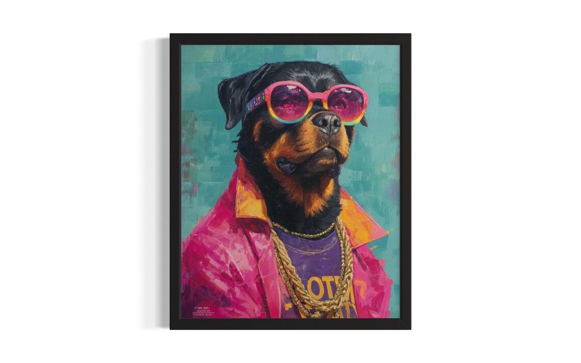 Rottweiler Dog Hip Hop Portrait Pink Sunglasses Gold Chains Art Poster