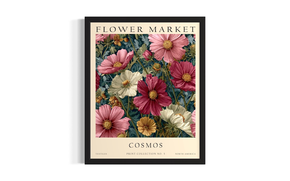 Cosmos Flower Market Pink Magenta Vintage Garden Botanical Poster