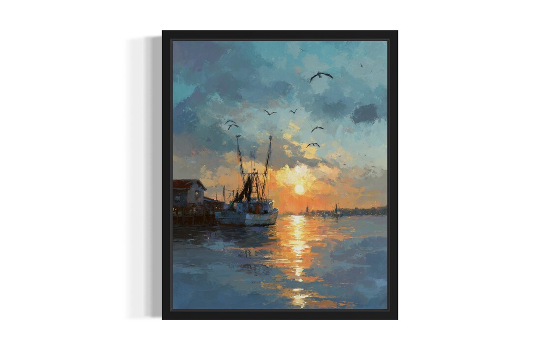 Louisiana Fishing Boat Harbor Sunset Watercolor Painting Poster