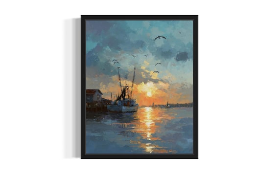Louisiana Fishing Boat Harbor Sunset Watercolor Painting Poster